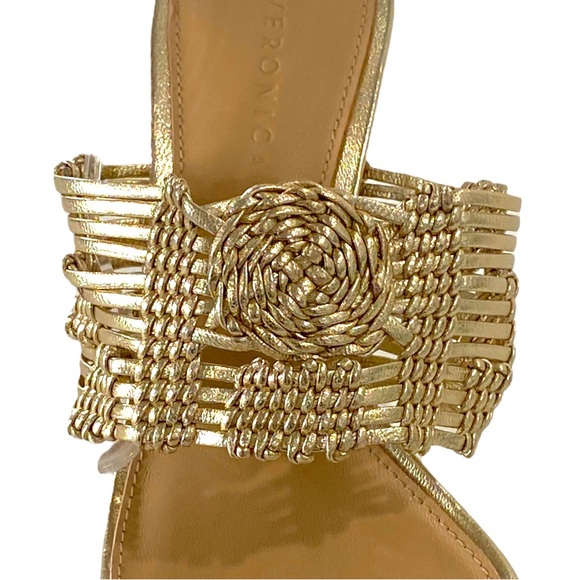 VERONICA BEARD Woven Crochet Leather Heeled Sandals, Gold, Size 6 - Picture 5 of 7